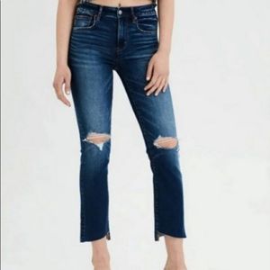 American Eagle High Rise Distressed Crop Flare Step Hem Blue Jeans Size 10